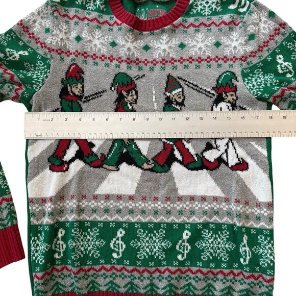 Ugly Christmas Sweater The BEATLES Abbey Road Elves Music Notes Men's Small - Picture 6 of 8